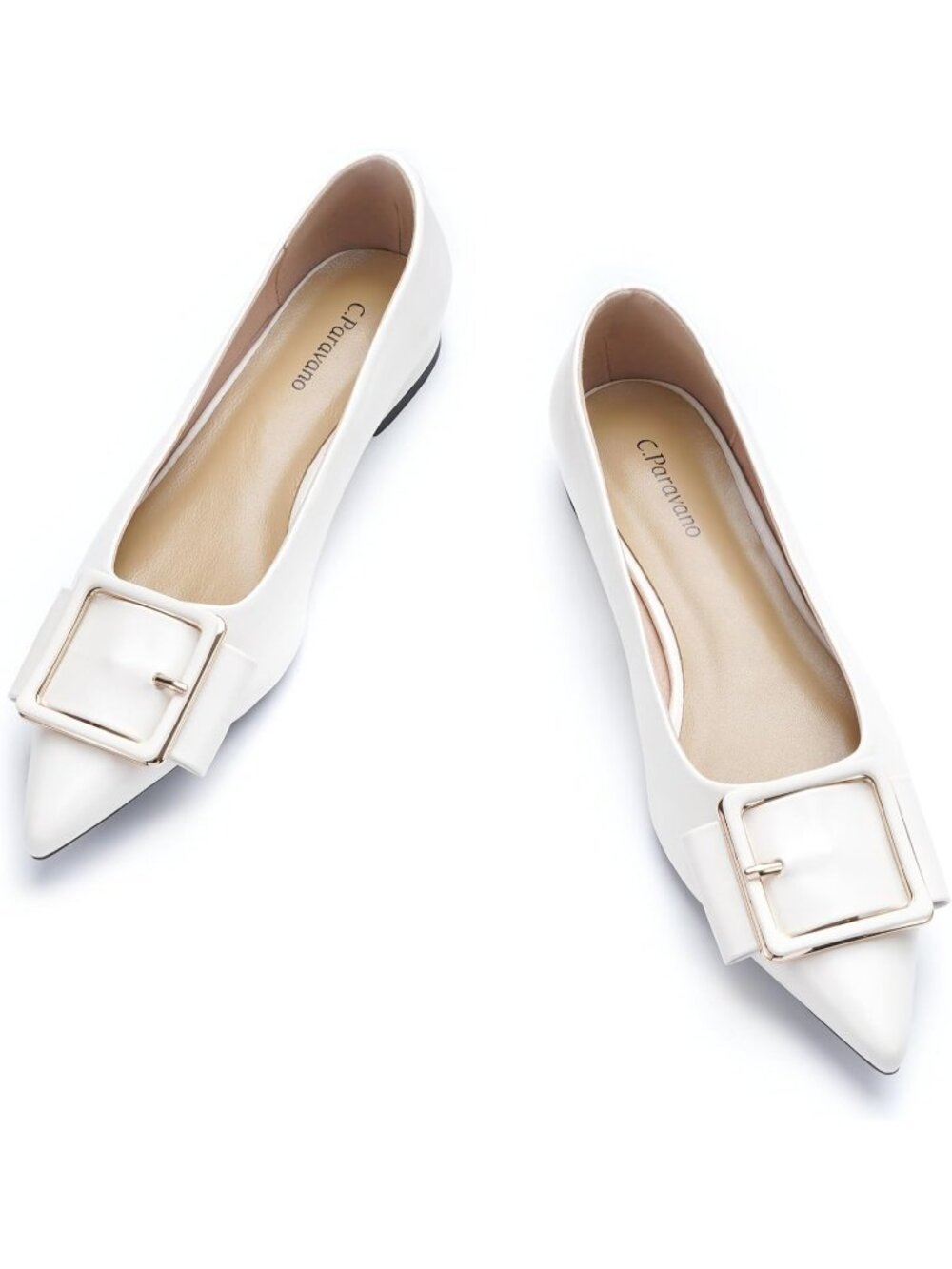 Women's White Pointed Toe Square Buckle Flats Elegant Slip-On Comfortable Shoes